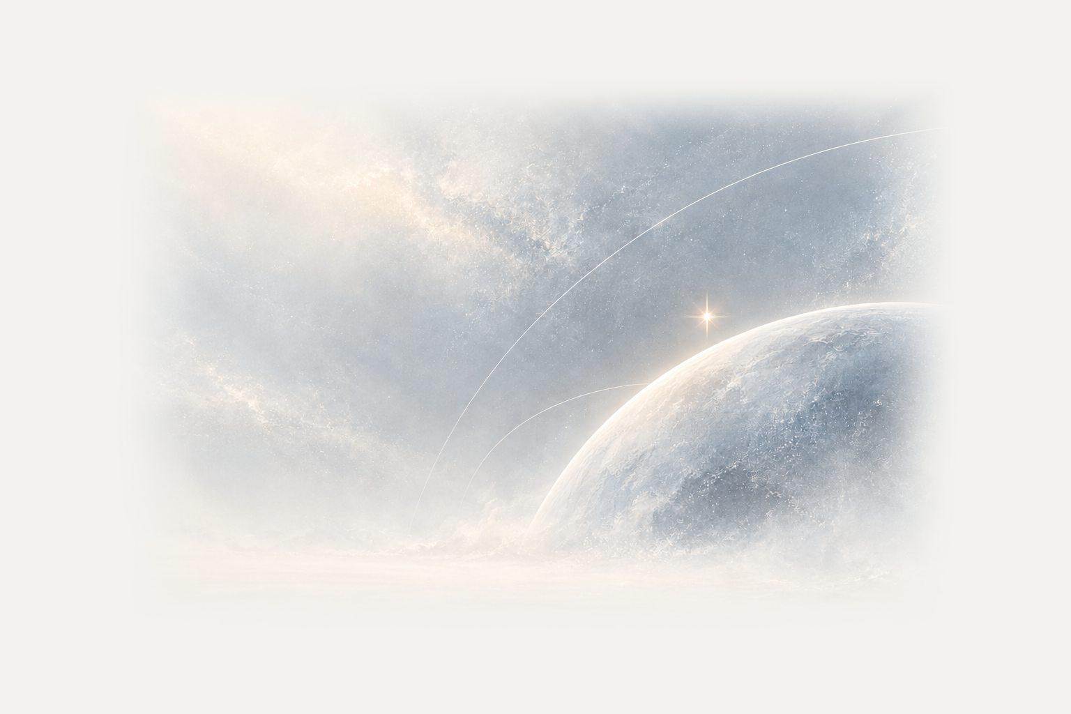 一顆巨大的淡銀色星球從右下方升起，地平線上方亮著一顆四芒星，像清晨的第一道光