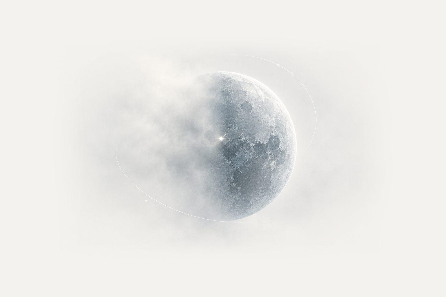 一顆星球從霧裡慢慢浮現，一半還模糊，一半已經清楚